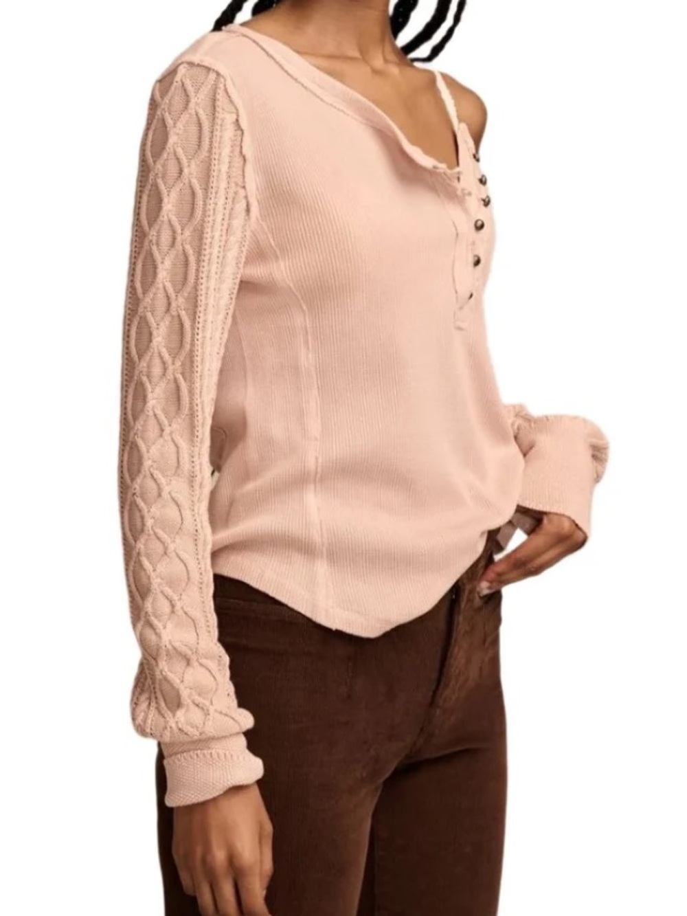 100% Cotton Lucky Brand Pink Textured Sleeve Henley - size L - Picture 2 of 11